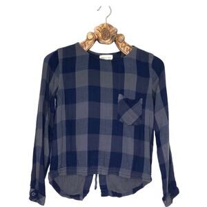 Anthropologie Cloth & Stone Top Plaid Flannel Blue Grey Lace Up Back High Low xs